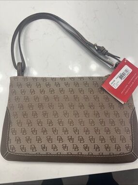 Dooney & Bourke Brown Logo Canvas Shoulder Bag with Dark Brown Trim